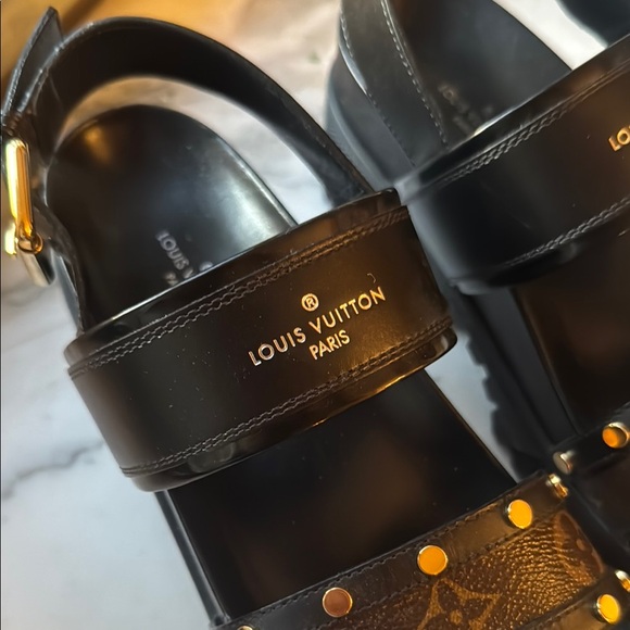 Louis Vuitton Black Sandals with Gold Accents - Picture 4 of 7